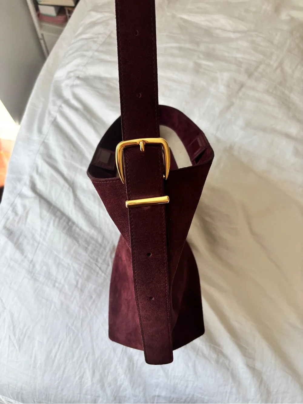 Suede Bucket Shoulder Bag in Burgundy - Picture 6 of 9